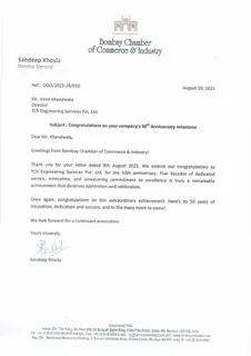 First page of Bombay Chamber of Commerce and Industry: 50th Anniversary Congratulations