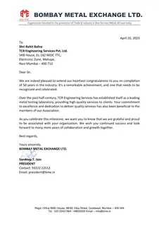 First page of Bombay Metal Exchange: 50th Anniversary Congratulations