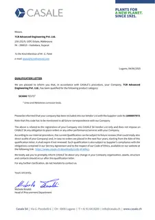 First page of Casale SA Qualification Letter, TCR Advanced Engineering