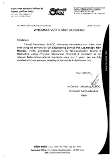 First page of Hindustan Aeronautics Limited, AURDC Nasik: Testing Services Confirmation