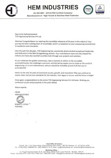 First page of HEM Industries: 50th Anniversary Congratulations