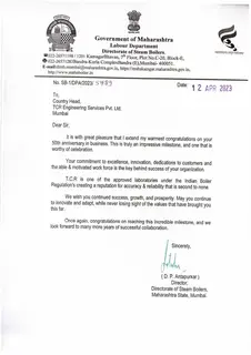 First page of Directorate of Steam Boilers, Maharashtra: 50th Anniversary Congratulations