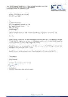 First page of Indian Clearing Corporation Limited: 50th Anniversary Congratulations