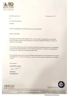 First page of Metal Gems and Mehta Tubes Limited: 50th Anniversary Congratulations