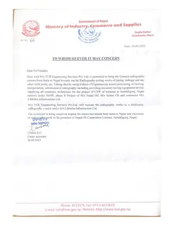 First page of Government of Nepal: Gamma Radiography Permission, MAPL Phase II