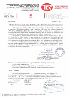 First page of Qualification of the Elevated-Temperature Tensile Facility, endorsed by NPCIL