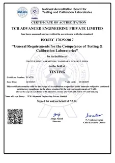First page of NABL ISO/IEC 17025:2017 Certificate and Full Test Scope, TCR Advanced Vadodara (2025-2029)