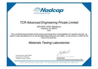 First page of Nadcap AC7101 Materials Testing Certificate, TCR Advanced Engineering