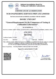 First page of NABL ISO/IEC 17025:2017 Certificate and Full Test Scope, Bhubaneswar (2025-2029)