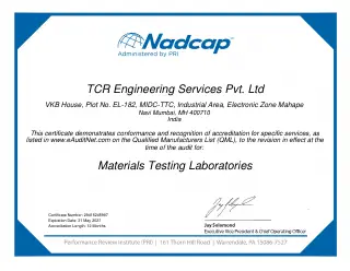First page of Nadcap AC7101 Materials Testing Certificate and Scope