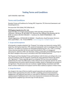 First page of TCR Testing Terms and Conditions