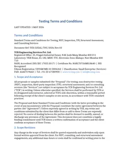 First page of TCR Testing Terms and Conditions