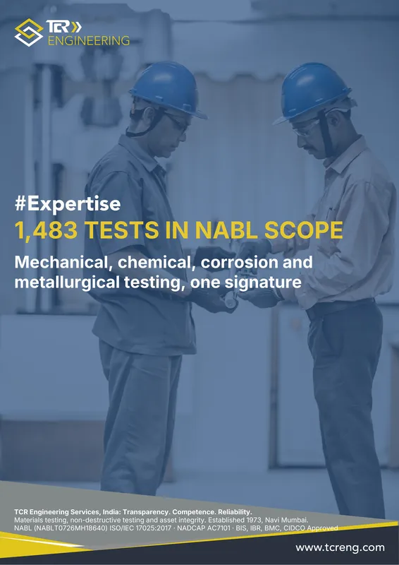 TCR Engineering A0 poster: #Expertise. 1,483 TESTS IN NABL SCOPE. Mechanical, chemical, corrosion and metallurgical testing, one signature